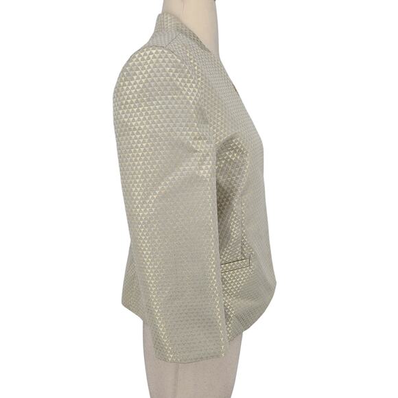 GANNI Metallic Brocade Blazer Gold Taupe Geometric Open Front Size Large - Picture 5 of 7